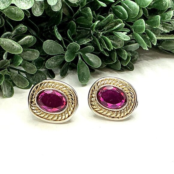 Vintage Silver-Toned Earrings With Oval Fuchsia Resin Gemstones Elegant Gold ton - Picture 3 of 8